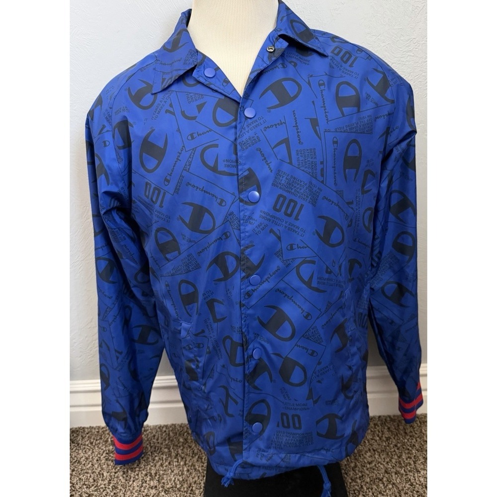 Vintage‎ Champion Jacket Mens Medium Blue Long Sleeve Snap Logo All Over Print